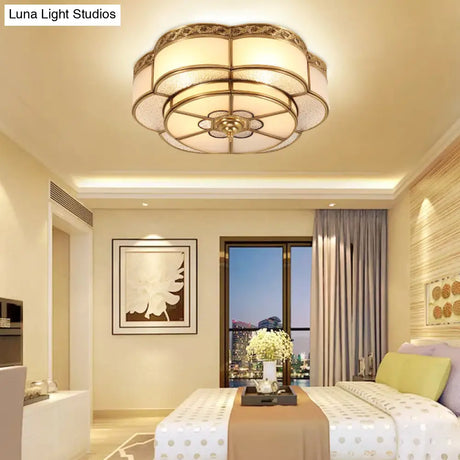 Vintage Opal Glass Floral Ceiling Light – Brass Flush Mount Fixture For Bedroom