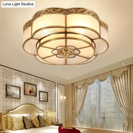 Vintage Opal Glass Floral Ceiling Light – Brass Flush Mount Fixture For Bedroom