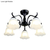 Vintage Opal Glass Semi Flush Mount Chandelier - Black Bell Shaped Ceiling Light For Living Room