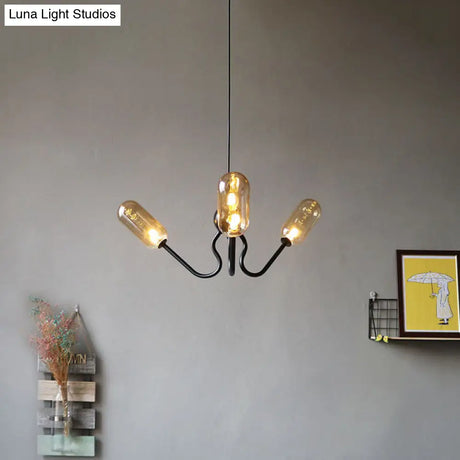 Vintage Oval Chandelier - Amber/Clear Glass 3 Heads Adjustable Cord Living Room Ceiling Lamp