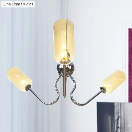 Vintage Oval Chandelier - Amber/Clear Glass 3 Heads Adjustable Cord Living Room Ceiling Lamp