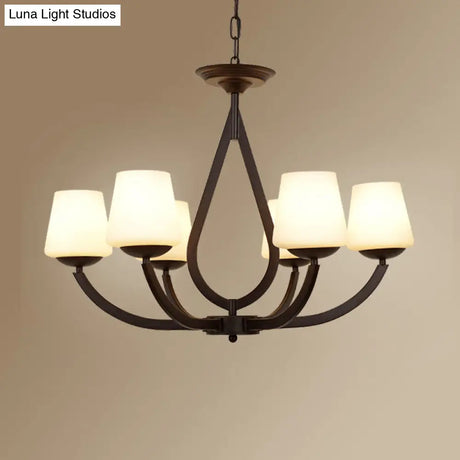 Vintage Pendant Light With Milk Glass Shade - Metal Black Finish Chandelier Swoop Arm