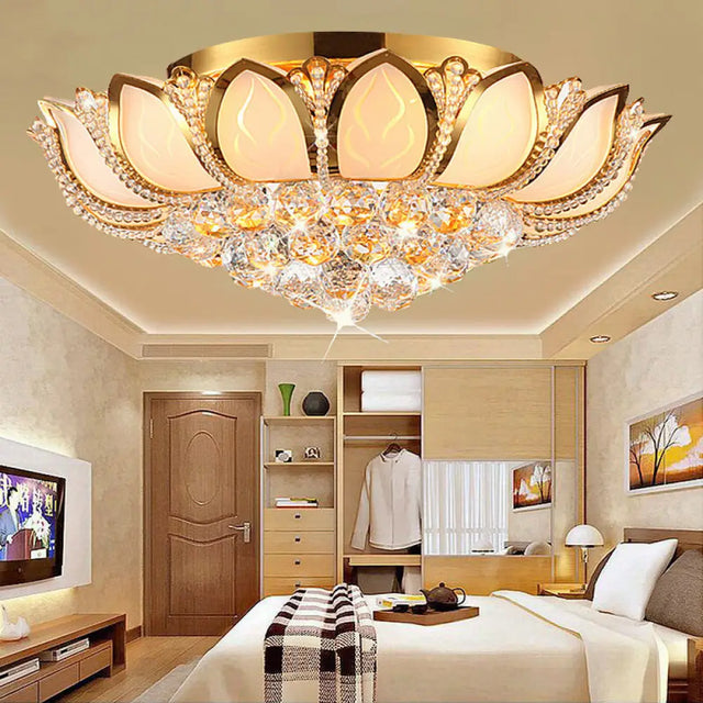 Vintage Petal Flushed Gold Ceiling Light With Frosted Glass & Clear Crystal Ball Décor - 18/19.5 W