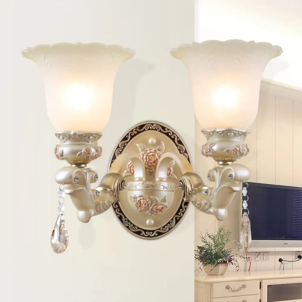 Vintage Petal Glass Wall Sconce With Ivory Carved Backplate For Living Room 2 /