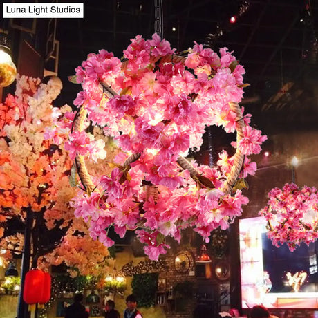 Vintage Pink Ball Pendant Light With Flower Decor For Restaurant - Led Ceiling Lamp