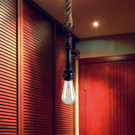 Vintage Pipe And Valve Iron Pendant Light: 1 Bulb Bar Hanging Ceiling Lamp In Black/Silver/Copper