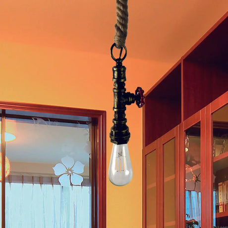 Vintage Pipe And Valve Iron Pendant Light: 1 Bulb Bar Hanging Ceiling Lamp In Black/Silver/Copper