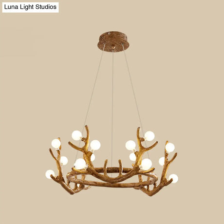 Vintage Resin Brown Led Chandelier Light - Antler Living Room Ceiling Lighting With Frosted Glass