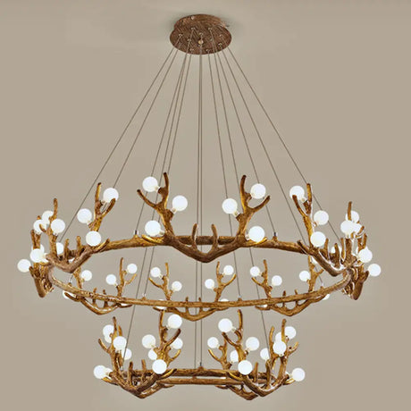 Vintage Resin Brown Led Chandelier Light - Antler Living Room Ceiling Lighting With Frosted Glass