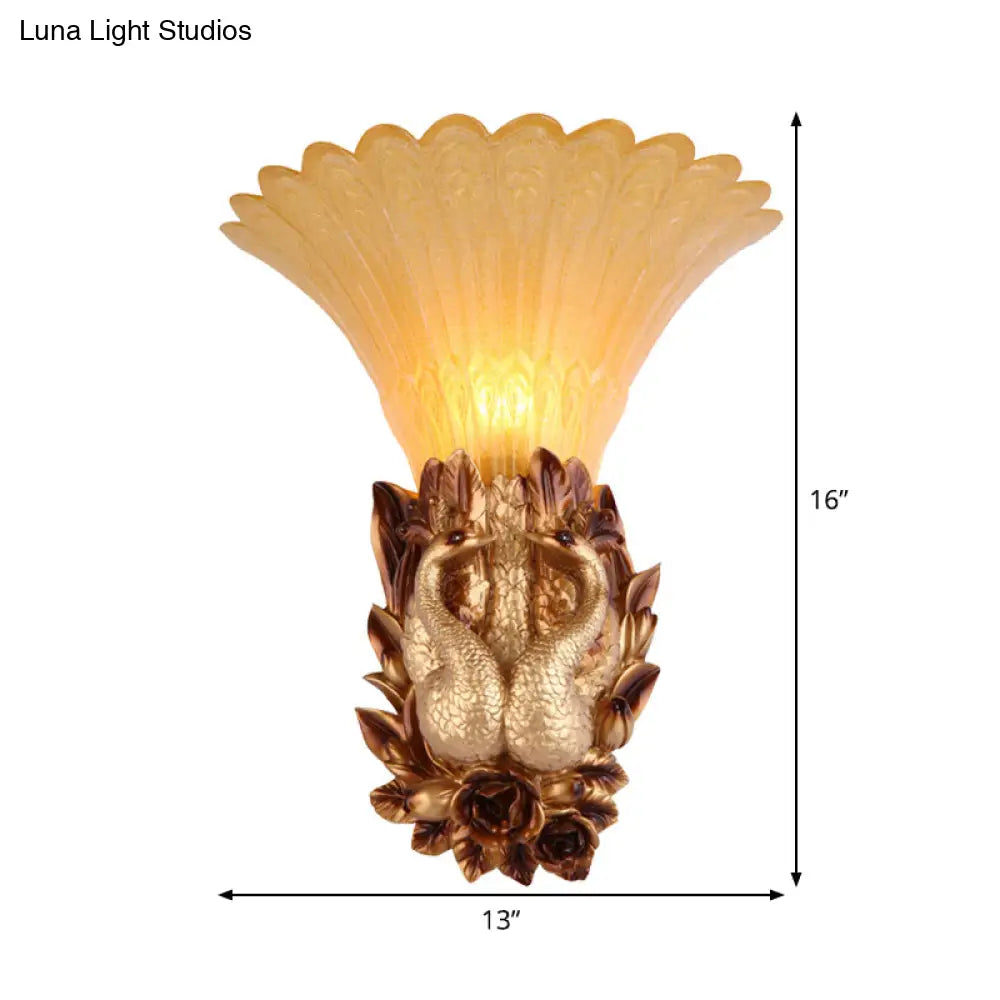 Vintage Resin Gold Wall Sconce Light With Ribbed Amber Glass Shade - Peacock Bedroom Lighting