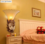 Vintage Resin Gold Wall Sconce Light With Ribbed Amber Glass Shade - Peacock Bedroom Lighting
