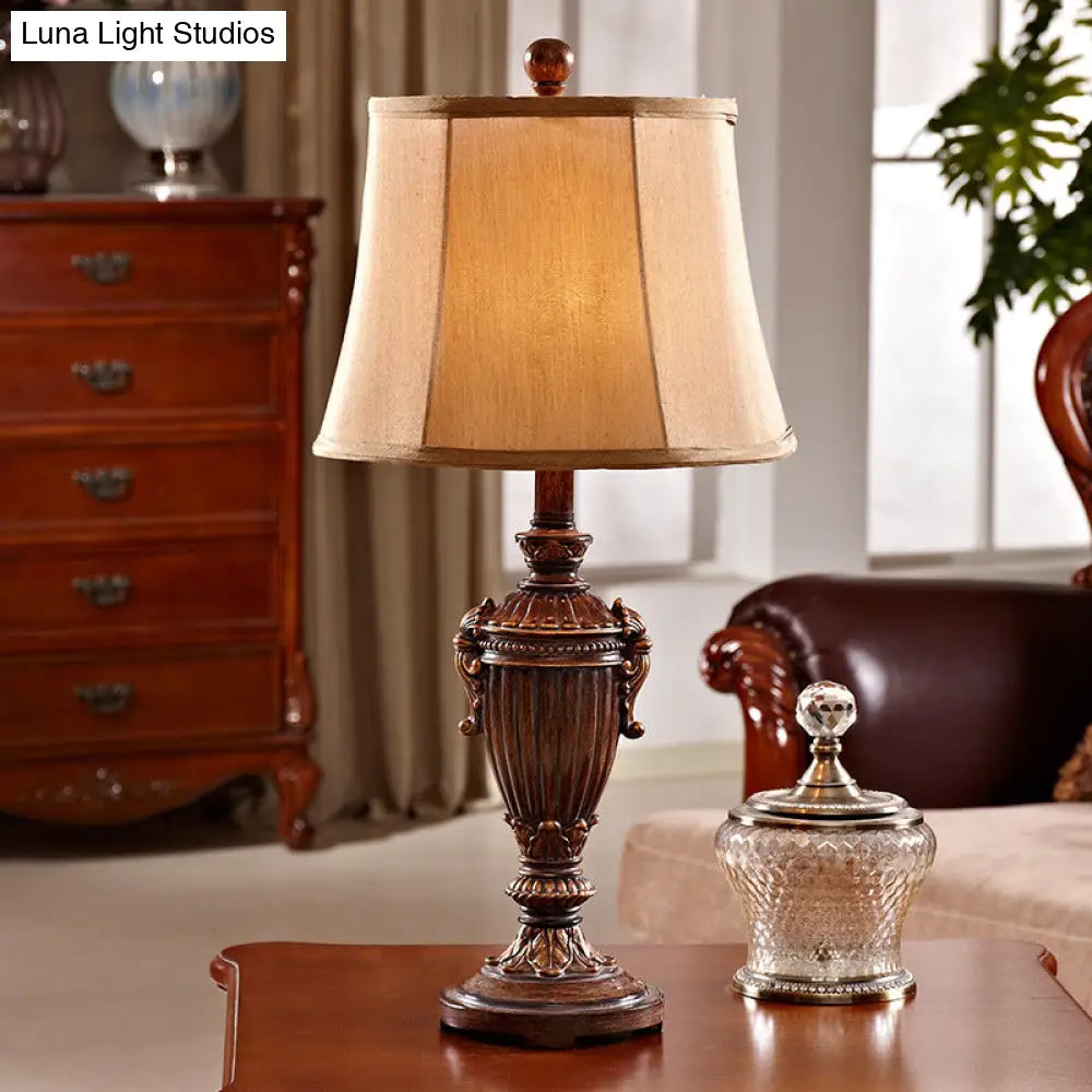 Vintage Resin Red Brown Font Reading Light Table Lamp For Living Room - Paneled Bell Shade Design
