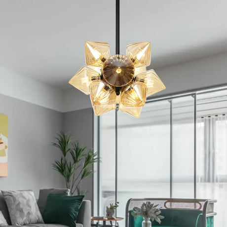 Vintage Ribbed Glass Ceiling Lamp With Prism Semi Flush Design - Black/Chrome Finish 9/12 Lights