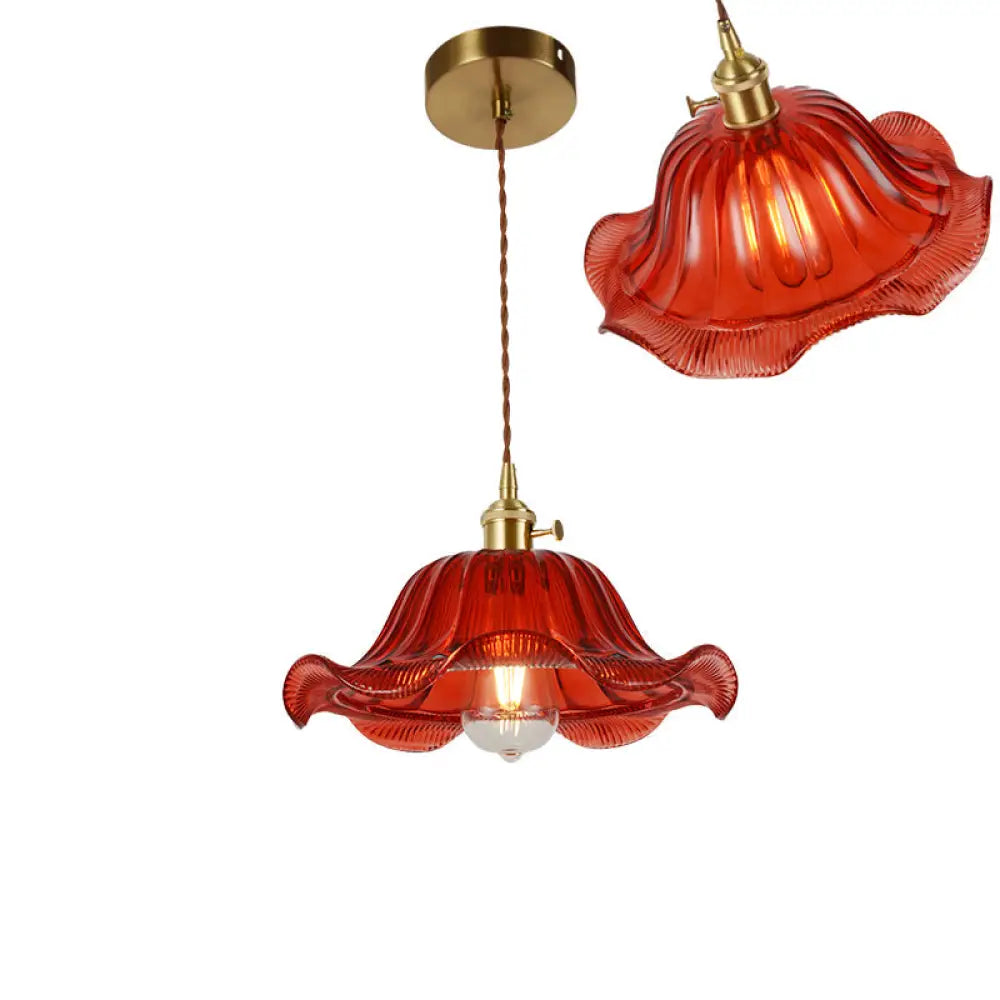 Vintage Ribbed Glass Pendant Lamp: Brass Single-Bulb Hanging Light For Dining Room / F
