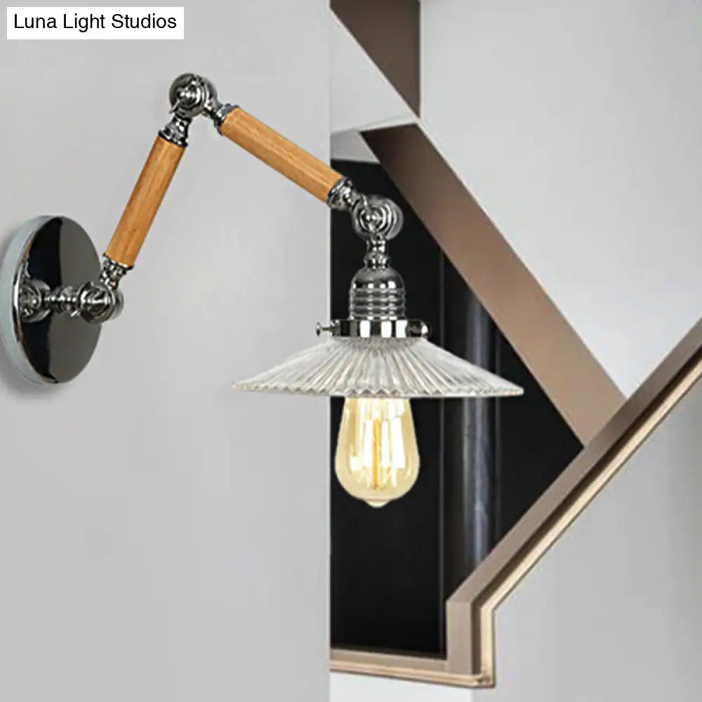 Vintage Ribbed Glass Saucer Wall Sconce With Extendable Wooden Arm For Study Room Lighting