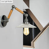 Vintage Ribbed Glass Saucer Wall Sconce With Extendable Wooden Arm For Study Room Lighting