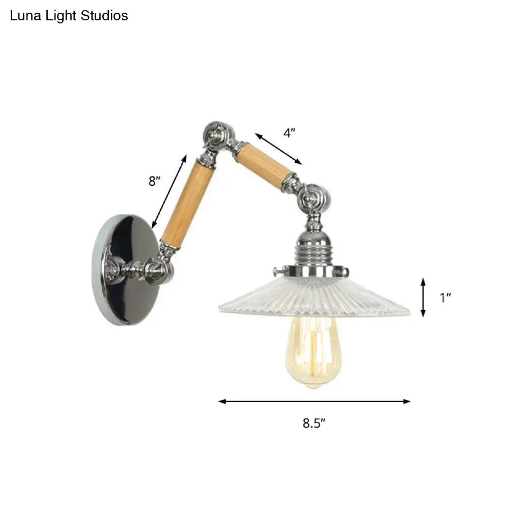 Vintage Ribbed Glass Saucer Wall Sconce With Extendable Wooden Arm For Study Room Lighting