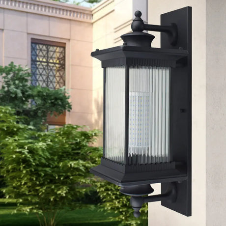 Vintage Ribbed Glass Wall Light Fixture For Yard - Single-Bulb Rectangle Lamp Black