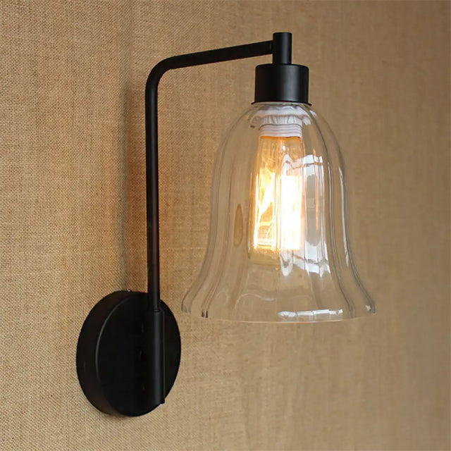 Vintage Ribbed Glass Wall Sconce - Black Bedroom Lamp / B