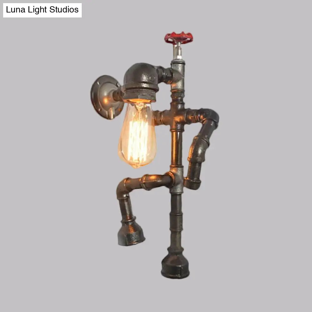 Vintage Robot Sconce Light With Exposed Bulb And Red Valve - Bronze Finish For Hallway Wall Lighting
