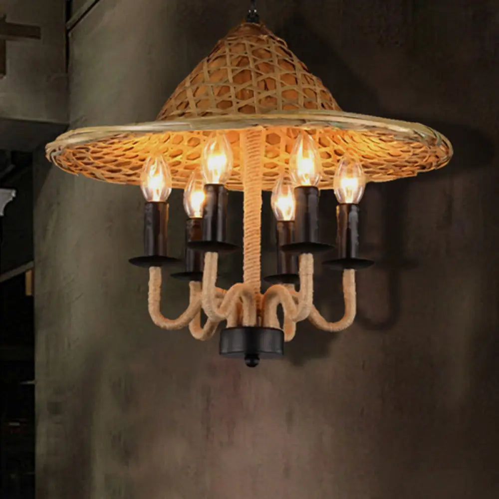 Vintage Rope 6-Light Black Candle Pendant Chandelier For Dining Room - Elegant Hanging Fixture