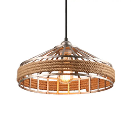 Vintage Rope And Metal Suspension Light For Restaurants - Conic Cage Design In Aged Silver/Black
