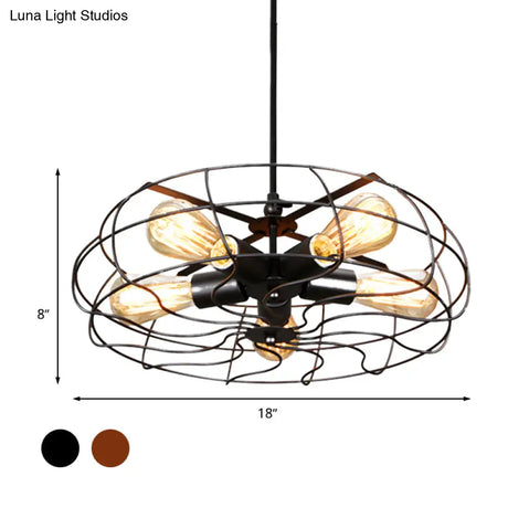 Vintage Round Cage Pendant Chandelier Lamp - 5 Bulbs Wrought Iron Black/Rust Finish