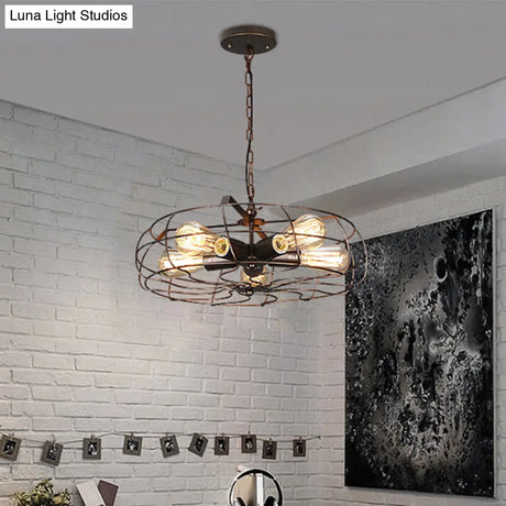 Vintage Round Cage Pendant Chandelier Lamp - 5 Bulbs Wrought Iron Black/Rust Finish