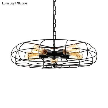 Vintage Round Cage Pendant Chandelier Lamp - 5 Bulbs Wrought Iron Black/Rust Finish