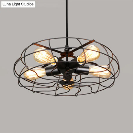 Vintage Round Cage Pendant Chandelier Lamp - 5 Bulbs Wrought Iron Black/Rust Finish
