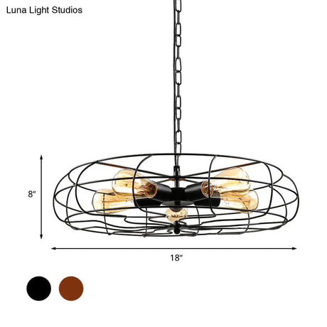 Vintage Round Cage Pendant Chandelier Lamp - 5 Bulbs Wrought Iron Black/Rust Finish