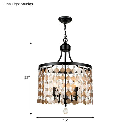 Vintage Round Chandelier Light Metal & Shell | 4-Light Suspension Black For Bedroom