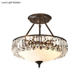 Vintage Round Semi Flush Ceiling Light - Clear K9 Crystal & Milk Glass 4 Lights Black Finish