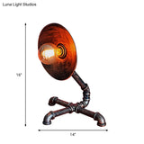Vintage Round Table Lamp With Metal Shade & Pipe-Like Base - Antique Style Rust Finish Ideal For