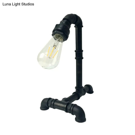 Vintage Rust/Black Metal Arm Night Table Plug-In Lamp With Exposed Bulb