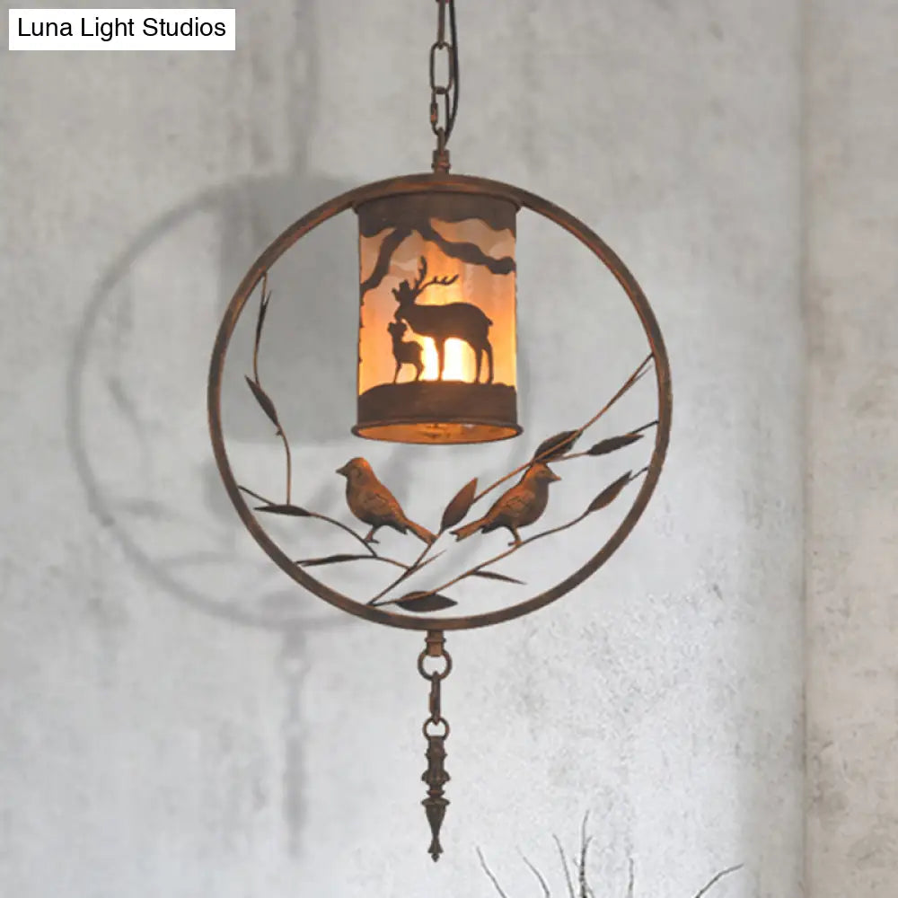 Vintage Rustic Cylinder Wall Sconce With Fabric Bird Accent - 1-Light Metal Lamp For Dining Room