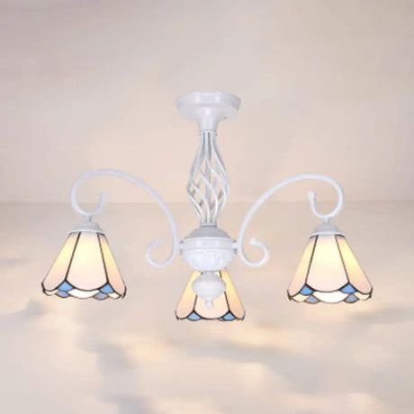 Vintage Rustic Stained Glass Semi Flush Mount Light With Shade - White/Sky Blue/Blue White