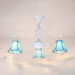 Vintage Rustic Stained Glass Semi Flush Mount Light With Shade - White/Sky Blue/Blue Sky Blue