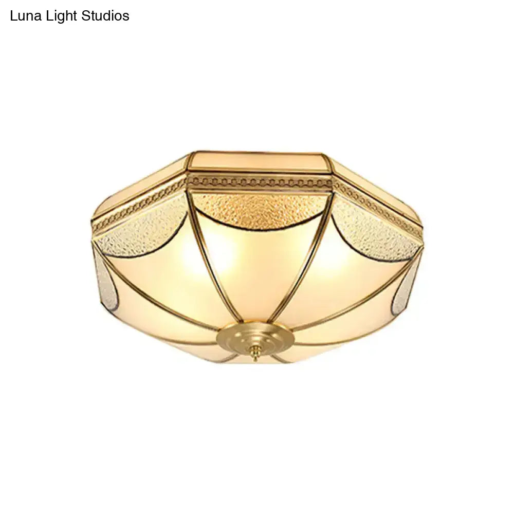 Vintage Scalloped Frosted Glass Flush Mount Light With Brass Finish - 3 Lights For Bedroom Ceiling