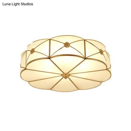 Vintage Scalloped Frosted Glass Flush Mount Light With Brass Finish - 3 Lights For Bedroom Ceiling