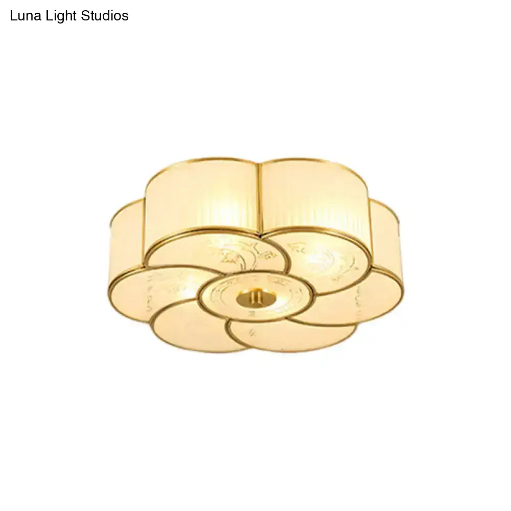 Vintage Scalloped Frosted Glass Flush Mount Light With Brass Finish - 3 Lights For Bedroom Ceiling