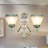Vintage Scalloped Opal Ribbed Glass Wall Mounted Light With 2 Heads - Silver