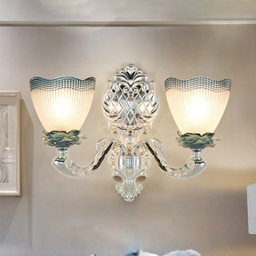 Vintage Scalloped Opal Ribbed Glass Wall Mounted Light With 2 Heads - Silver