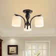 Vintage Semi-Mount Ceiling Light In Black With White Glass Cylinder - 3/5/8 Lights For Living Room 3