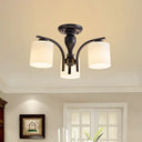 Vintage Semi-Mount Ceiling Light In Black With White Glass Cylinder - 3/5/8 Lights For Living Room 3