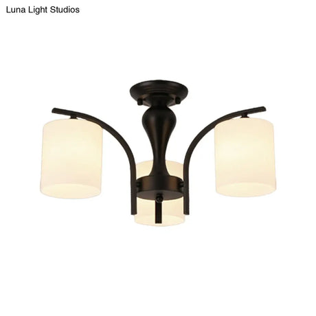 Vintage Semi-Mount Ceiling Light In Black With White Glass Cylinder - 3/5/8 Lights For Living Room