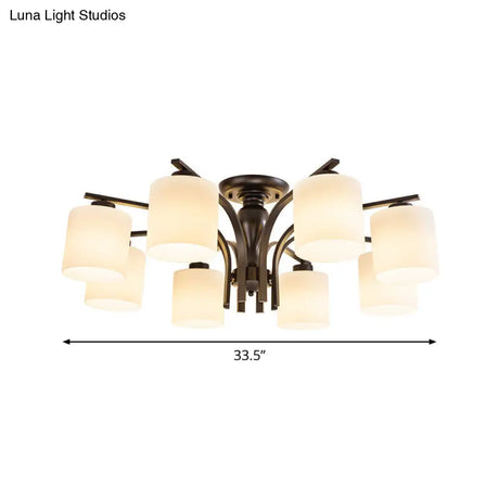 Vintage Semi-Mount Ceiling Light In Black With White Glass Cylinder - 3/5/8 Lights For Living Room