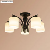 Vintage Semi-Mount Ceiling Light In Black With White Glass Cylinder - 3/5/8 Lights For Living Room