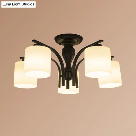 Vintage Semi-Mount Ceiling Light In Black With White Glass Cylinder - 3/5/8 Lights For Living Room