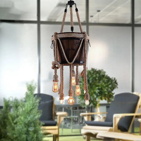 Vintage Six-Light Wooden Chandeliers With Hemp Rope - Perfect For Balcony! Brown